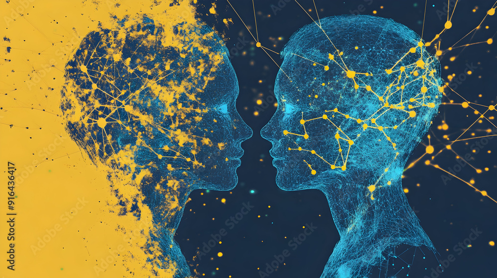 Poster image of a connection between a person and a neural network, a connection between a person and artif