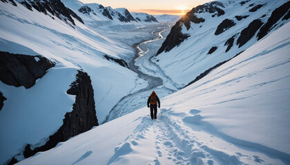 Arctic Forgotten in Snowy Winter: The Traveler's Trek Enveloped in Landslide