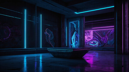 Futuristic Sci-Fi Abstract: Blue and Purple Neon Light Shapes on Black Background with Reflective Concrete, Cool Neon Lighting, High-Tech Atmosphere. AI Generated