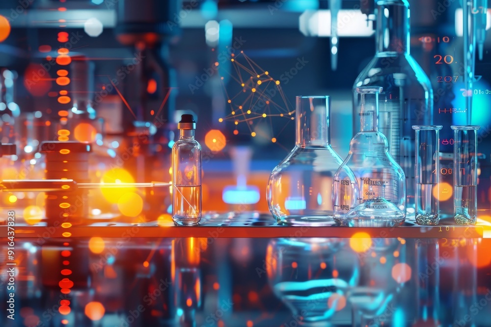 Poster abstract visualization of laboratory setting with diverse research projects and experiments, represe