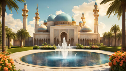 Naklejka premium Majestic Mosque with Blue Domes and Fountain in Lush Garden Setting