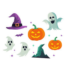 set of halloween elements icons a ghost witch hat pumpkin and bat