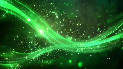 Obraz premium Abstract digital illustration of green glowing lights, energy waves, and sparks against a dark black background, featuring swirling light effects, stars, lines, and circles. This vibrant and dynamic d