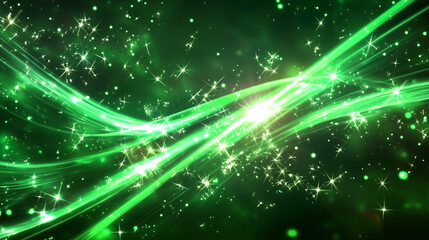 Obraz premium Abstract digital illustration of green glowing lights, energy waves, and sparks against a dark black background, featuring swirling light effects, stars, lines, and circles. This vibrant and dynamic d