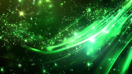 Abstract digital illustration of green glowing lights, energy waves, and sparks against a dark black background, featuring swirling light effects, stars, lines, and circles. This vibrant and dynamic d