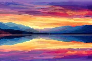 Abstract illustration of serene lake landscape at sunset, with vibrant colors reflecting on calm waters