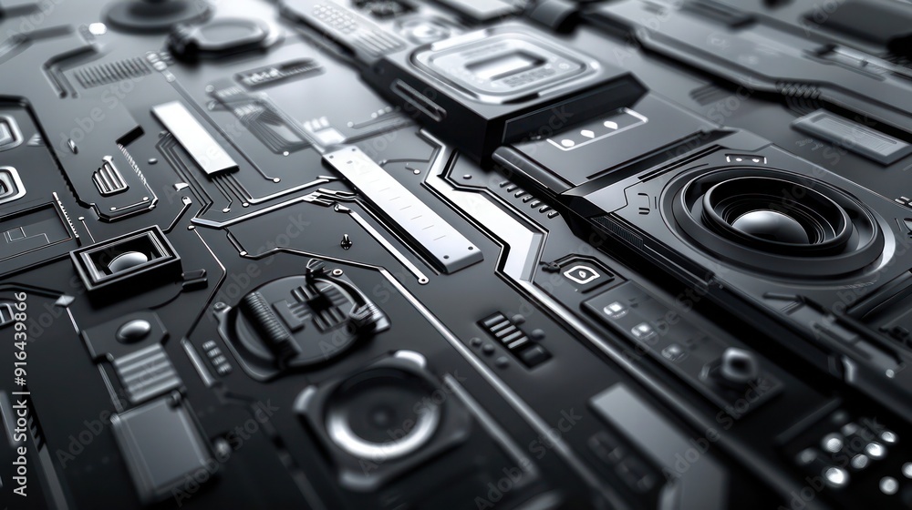 Aufkleber 3d abstract design featuring interactive elements in sleek black and silver, where user interaction 