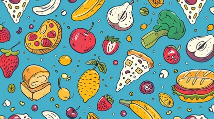 Naklejka premium A vibrant collection of fruits, vegetables, and snacks scattered across a cheerful blue backdrop