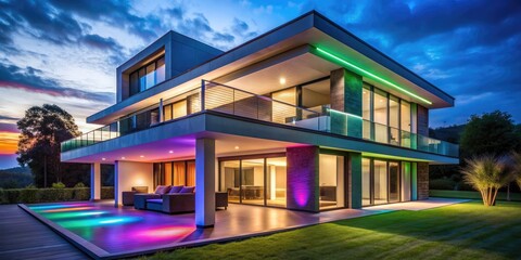 Obraz premium Modern villa with colored LED lights illuminating the exterior at night , modern, villa, house, colorful, exterior