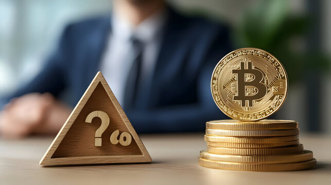 Question Mark Triangle with Stack of Bitcoin Coins - Illustration
