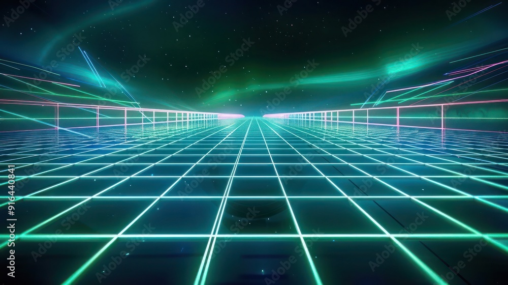 Poster 3d abstract background adorned with retro-futuristic aesthetics, featuring neon grid lines and vinta