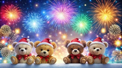 Fototapeta premium Christmas banner featuring default bear characters, colorful fireworks in the background, Christmas, banner