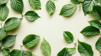 Obraz premium Green cherry leaf background with branches, summer nature backdrop, recycled paper label, text space, mockup template