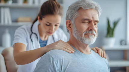 Obraz premium Woman Doctor Comforting Senior Man Photo