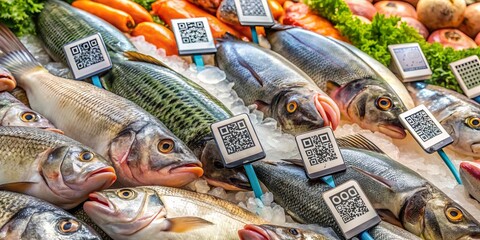 Fishing supermarket with labeled fishes and QR codes for origin, type, and species , supermarket, fishing, seafood, labels