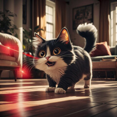 A cat with wide eyes chasing a laser pointer