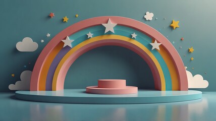 Fototapeta premium colorful rainbow arch and podium display stage generate ai 
