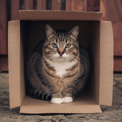 A cat sitting in a box that’s too small for it