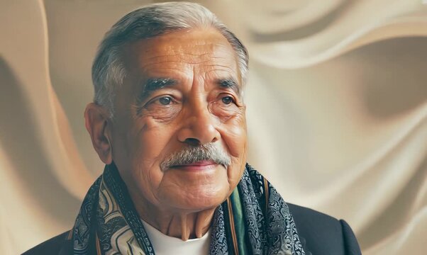Lifestyle portrait video of a Colombian man in his 80s wearing a foulard against an abstract background