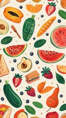 A vibrant collection of illustrated fruits and vegetables scattered on a light background