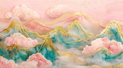 Stunning Gold Inlaid Jade Carving in Ultra-Wide Pink and Blue Waves with Golden Lines, Featuring Cloud-Formed Mountains in a Traditional Chinese Landscape Painting Style. 