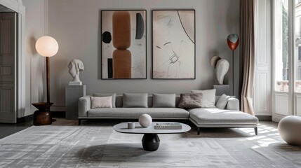 White table on carpet in front of gray sofa in indoor apartment setting with artwork and light. Actual image