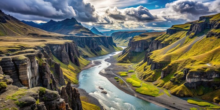 Spectacular landscape view of Thakgil mountains, canyon and river, Iceland , Iceland, Thakgil, mountains, canyon