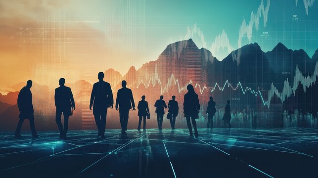 Silhouetted business figures walking across a giant GDP and inflation scatter plot, data visualization, economic journey
