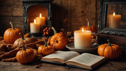 Cozy warm autumn composition with cup of hot tea, burning candle, open book and pumpkins on wooden background. Autumn home decor. Fall mood. Thanksgiving. Halloween