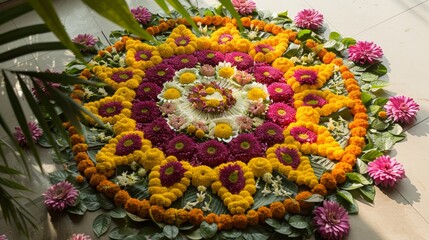 flowers in a basket, Navratri highly detailed floral decoration.