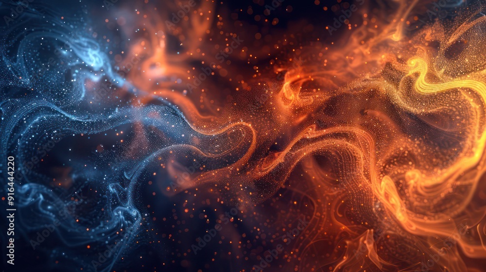 Poster a mesmerizing 3d abstract background featuring particle effects in fiery orange and deep indigo, whe