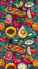 A lively collection of illustrated fruits, vegetables, and desserts beautifully arranged on a colorful backdrop