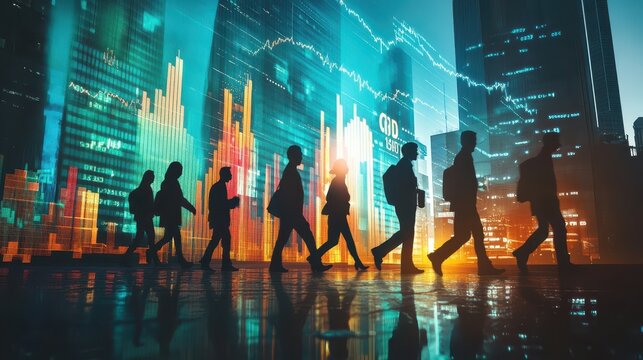 Silhouetted business figures walking across a giant GDP and inflation scatter plot, data visualization, economic journey