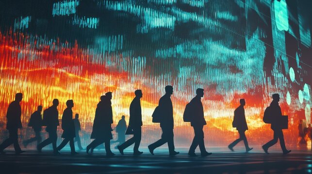 Silhouetted business figures walking across a giant GDP and inflation scatter plot, data visualization, economic journey
