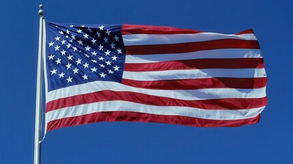 Obraz premium A close-up of an American flag waving in the wind against a clear blue sky, the stars and stripes clearly visible, symbolizing patriotism and freedom, evoking a sense of pride and national identity,