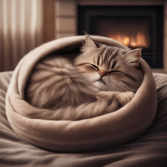 A sleepy cat curled up in a tight ball, purring softly