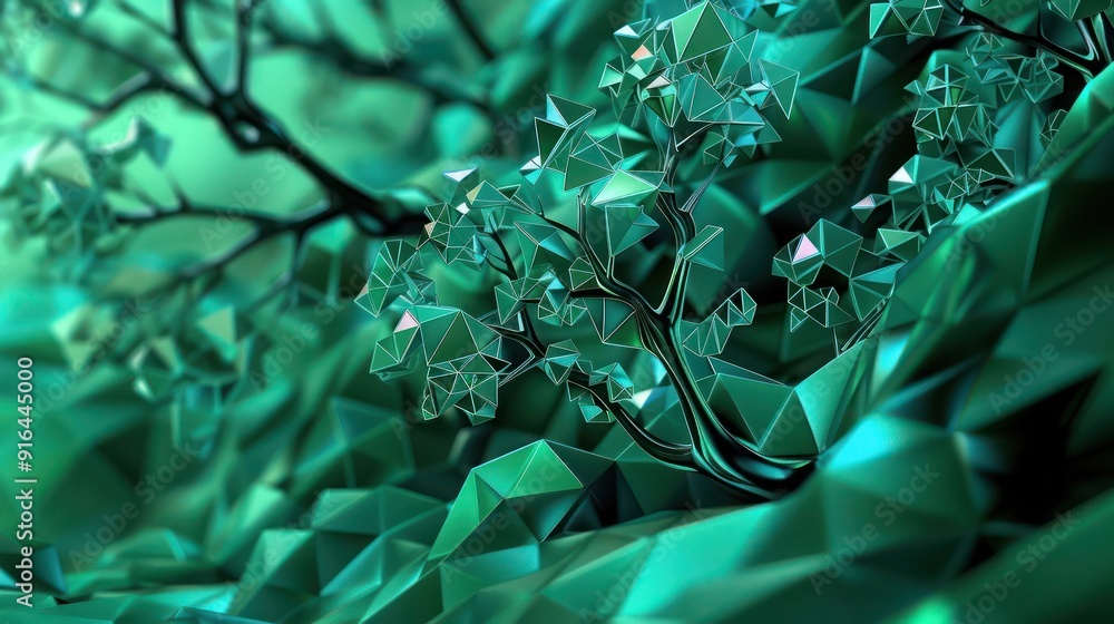 Poster 3d abstract forest where digital trees and geometric leaves intertwine in shades of emerald green an