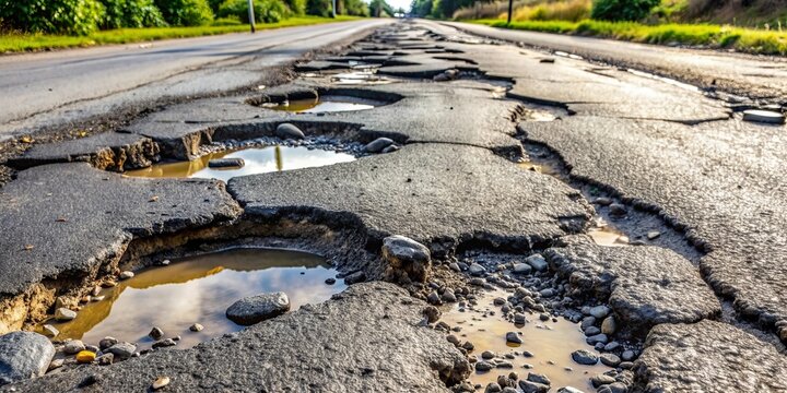 Close up of deteriorating potholes and broken tarmac on a road , potholes, road, broken, damaged, asphalt