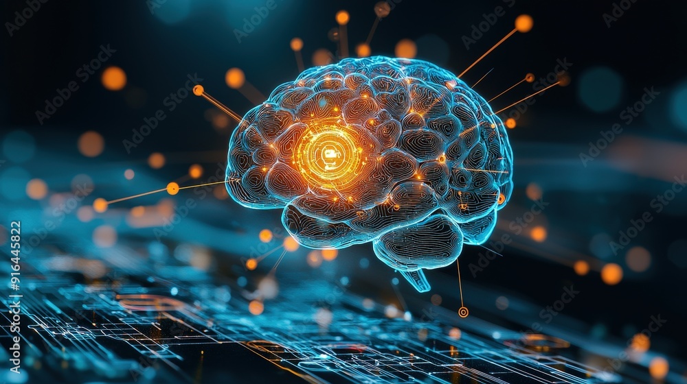 Poster digital brain with holographic connections representing ai security