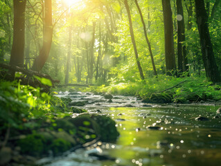 A serene stream flows through a dense green forest bathed in sunlight.