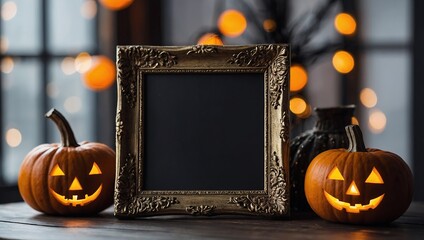 Empty frame mockup on table with halloween decoration