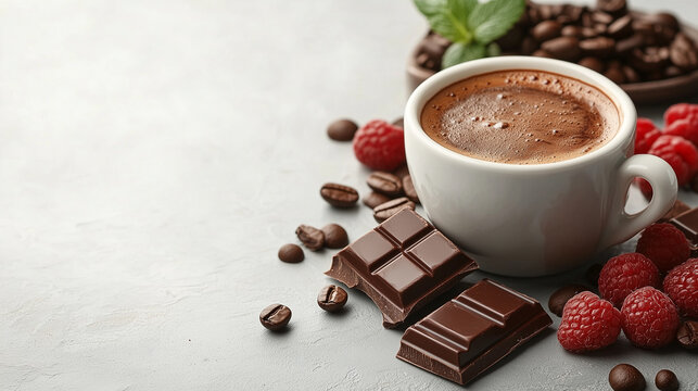 Cup of coffee with chocolate pieces, raspberries, and coffee beans on a light background