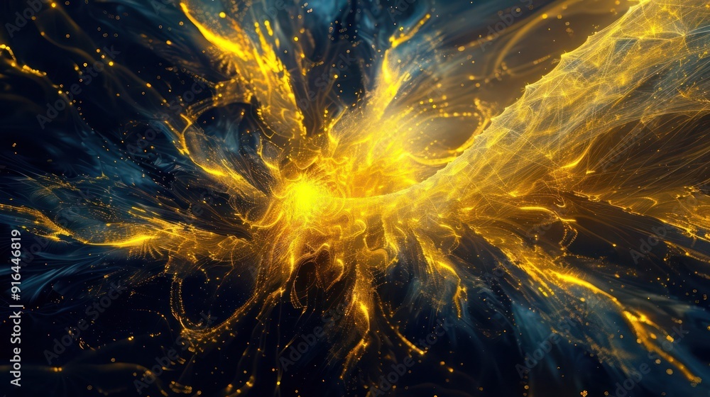 Poster dynamic 3d abstract composition featuring vibrant yellow fractal explosions radiating across a deep 