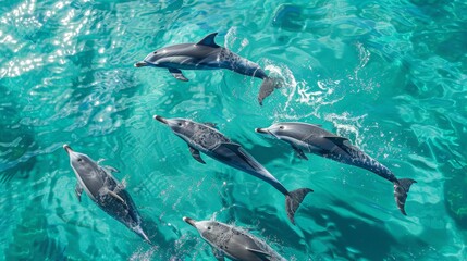 Obraz premium A group of dolphins swimming together in clear blue waters