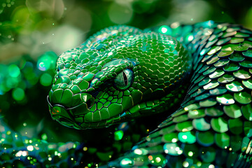 Fototapeta premium The symbol of the New Year is a green shiny snake made of sequins. New Year concept. New Year cards.