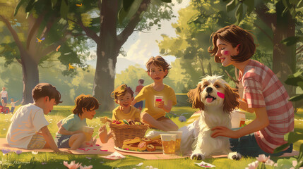 Family Picnic with Dog and Children in Park