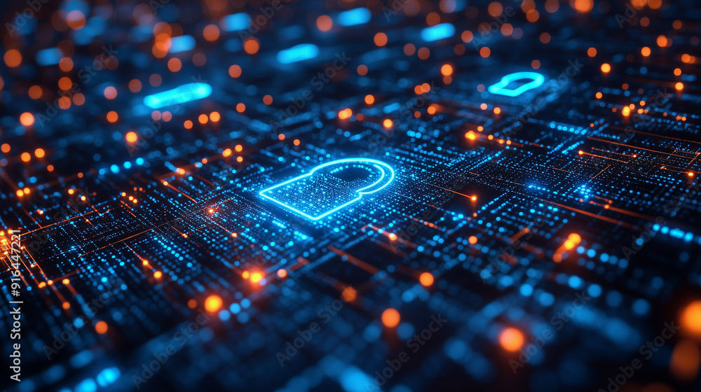 Aufkleber cybersecurity fortress: a glowing padlock icon illuminates a complex circuit board, symbolizing robu