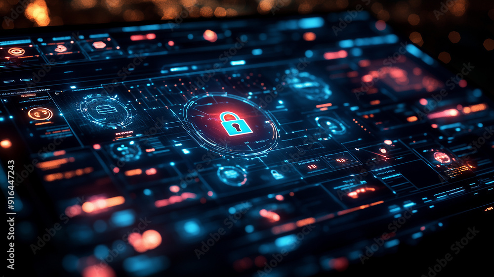 Aufkleber cybersecurity fortress: a glowing digital padlock takes center stage amidst a complex network of dat