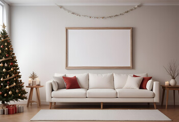 mockup white blank frame on wall in a cozy living room with white sofa, wooden table coffee, tree christmas in background