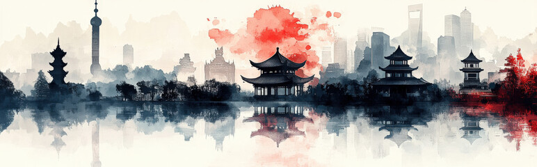 Fototapeta premium abstract silhouettes of traditional Chinese temples in dark tones against a light background, evoking the cultural and spiritual heritage of Chinese New Year